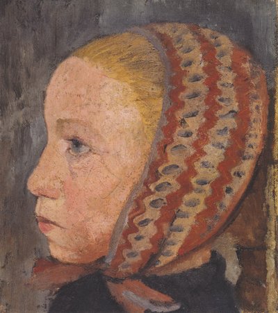 Meisjeshoofd met gestreepte muts in profiel naar links door Paula Modersohn Becker